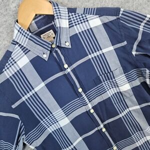 J Crew Summer Plaid Shirt Men's Size S Button Down Cotton Blue White Casual HOLE